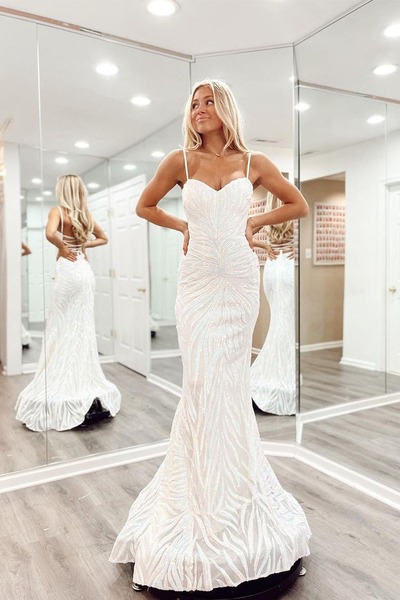 Charming White Sequins Lace Mermaid Prom Dresses ,PD230784