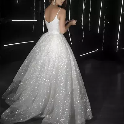Glitter White Sequined Wedding Dresses Spaghetti Straps A Line Bridal Gowns V-Neck Backless Sweep Train Boho Vestido De Novia