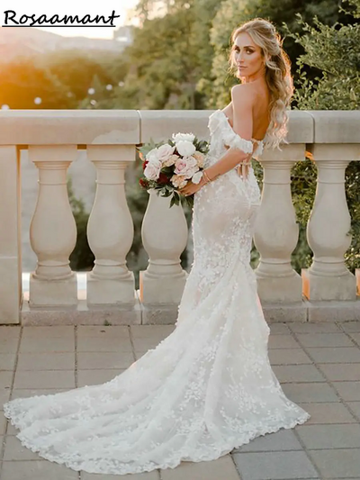 Off the Shoulder Wedding Dress Boho Lace Appliques Bridal Gowns