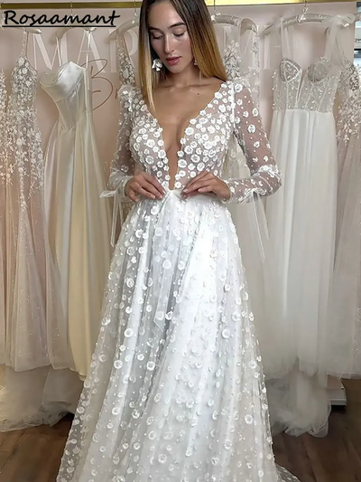 Luxury Illusion 3D Flowers Backless A-Line Wedding Dresses Deep V-Neck Long Sleeve Boho Country Customized Bridal Gowns