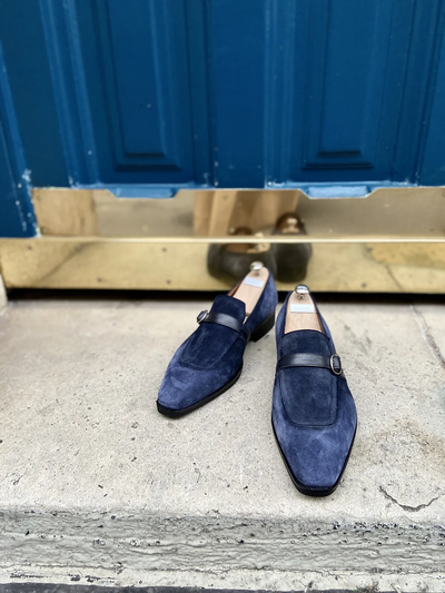 Handmade Men's Navy Blue Suede Single Monk Strap Formal Wear Shoes Blue Buckle Shoes