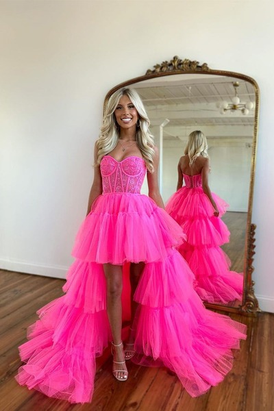 Cute Sweetheart Hot Pink A Line Prom Dresses with Lace ,PD230786