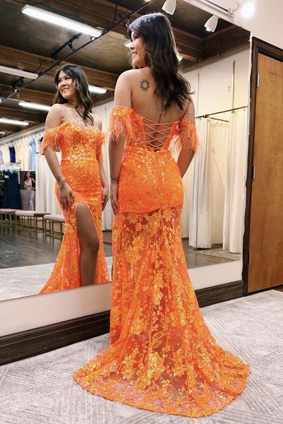 Sparkly Sweetheart Orange Sequins Lace Long Mermaid Prom Dresses with Slit ,PD230787