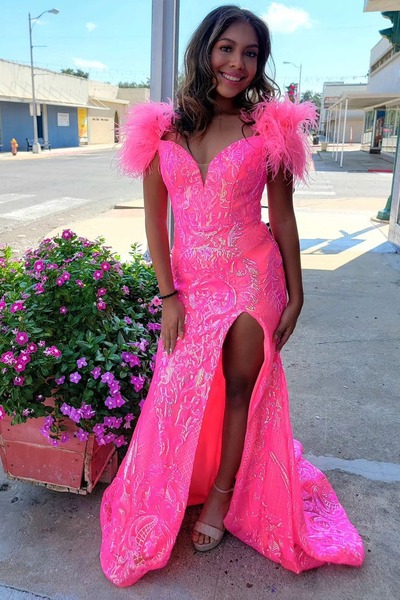 Sparkly Off the Shoulder Pink Sequins Lace Long Mermaid Prom Dresses with Feather,PD230788