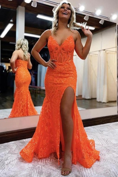 Gorgeous Orange Sequins Lace Long Mermaid Prom Dresses with Side Slit ,PD230789