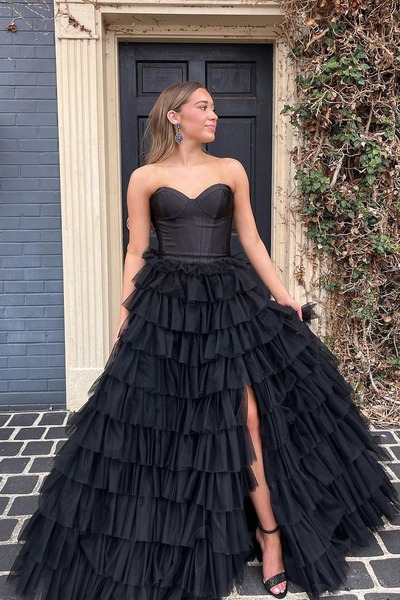 Cute Black Ball Gown Sweetheart Tulle Long Prom Dresses with Slit ,PD230790