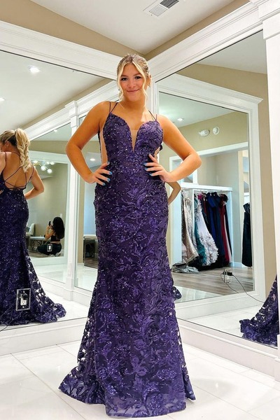 Charming V Neck Purple Sequins Long Mermaid Prom Dresses ,PD230792