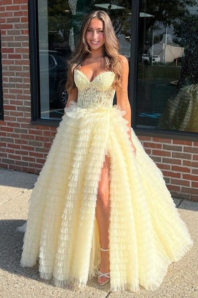 Cute Sweetheart Daffodil Tulle Tiered Long Prom Dresses Ball Gown with Appliques ,PD230793