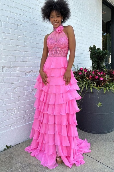 Cute PinkSheath Halter Neck Chiffon Cupcake Prom Dresses,PD230797