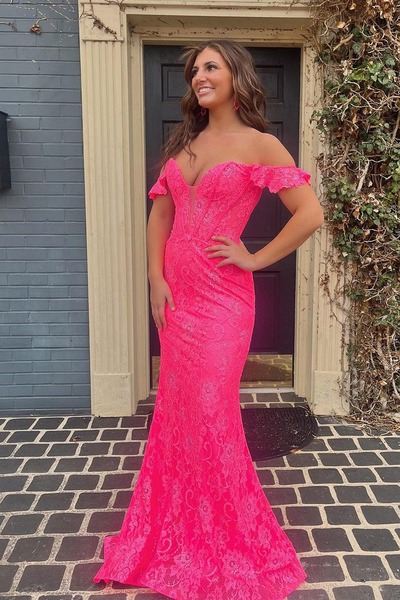 Cute Off the Shoulder Pink Lace Mermaid Prom Dress,PD230798