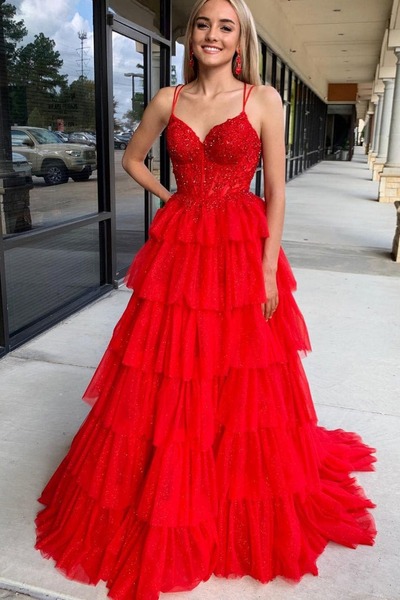 Cute Sweetheart Red Tulle A Line Prom Dress with Appliques,PD230799