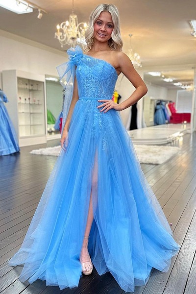 Cute One Shoulder A Line Blue Tulle Prom Dress with Appliques,PD230801