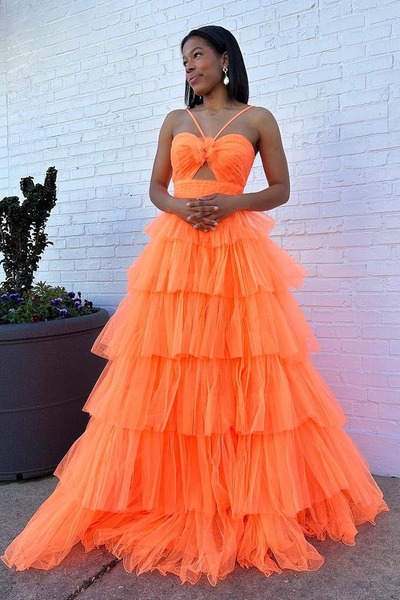 Cute Orange Ball Gown Sweetheart Tulle Tiered Long Prom Dress ,PD230804