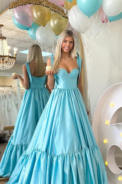 Sweetheart Light Blue Satin Ruffle A-Line Long Prom Dress ,PD230806