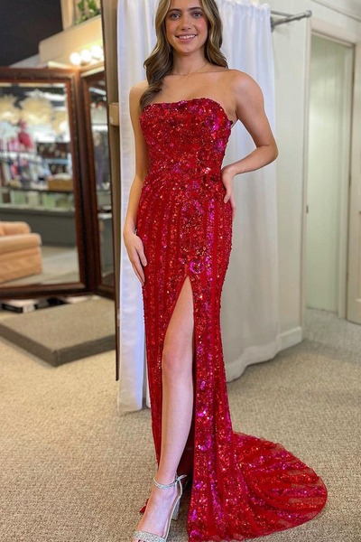 Red Mermaid Strapless Sequins Long Prom Dress with Slit ,PD230809