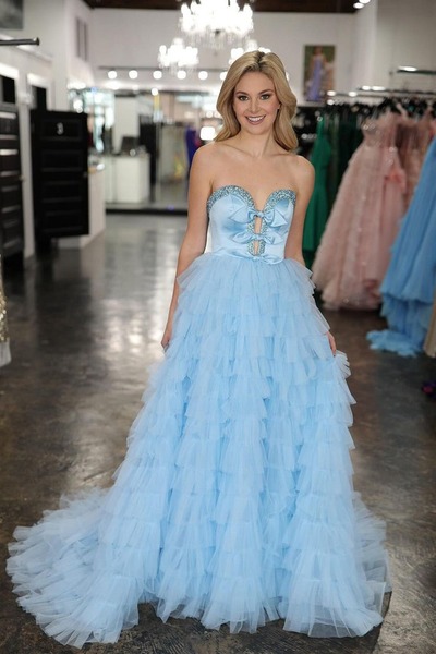 Sweetheart Light Blue Ruffle Tiered A-Line Long Prom Dress with Beading ,PD230811
