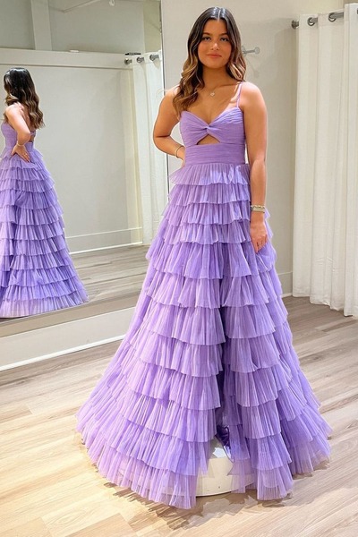 Keyhole Ruffle Tiered Tulle A-Line Long Prom Dresses ,PD230814