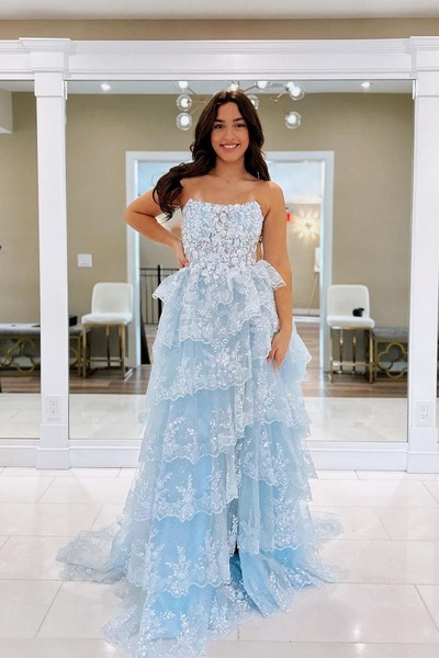 Strapless Light Blue Sequins Tulle A-Line Long Prom Dresses ,PD230823