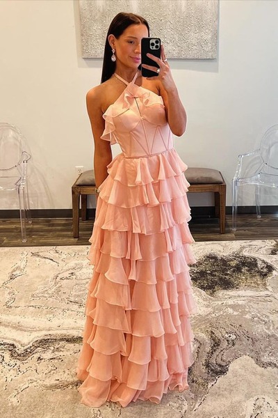 Halter Pink Ruffle Tiered Chiffon A-Line Long Prom Dress ,PD230832