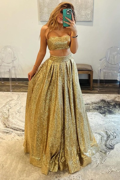 Strapless Gold Sequins Long Two Piece Prom Dress ,PD230833
