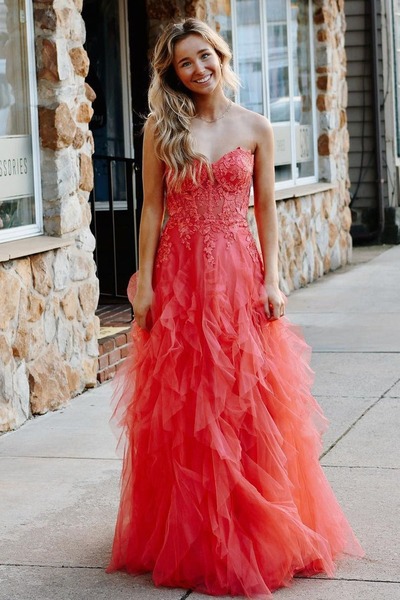 Cute Strapless Coral Ruffle Tulle A-Line Long Prom Dress with Appliques ,PD230838