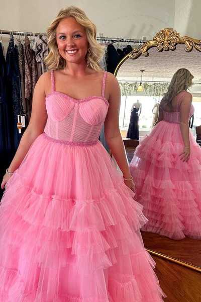 Cute Sweetheart Ruffle Tiered Tulle A Line Prom Dress with Beading,PD230841