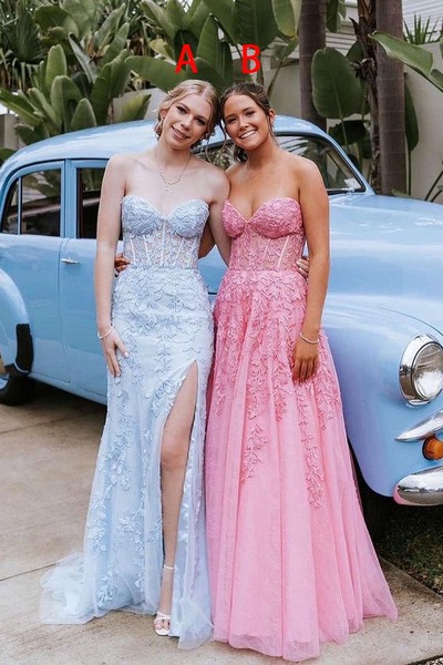Charming Strapless Blue Tulle Long Mermaid Prom Dress with Appliques,PD230843
