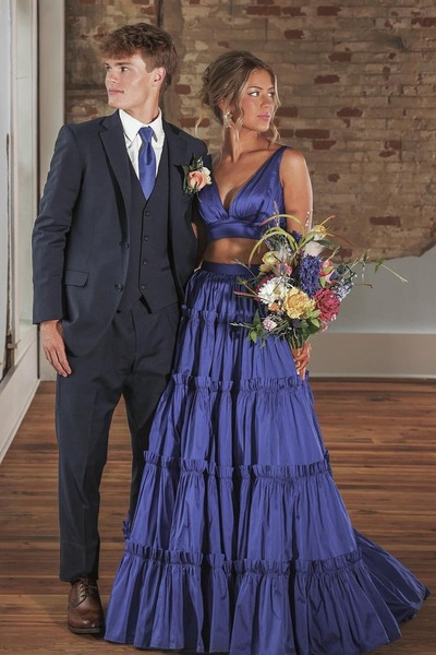 Two Piece Dark Blue Long V Neck Prom Dress ,PD230844