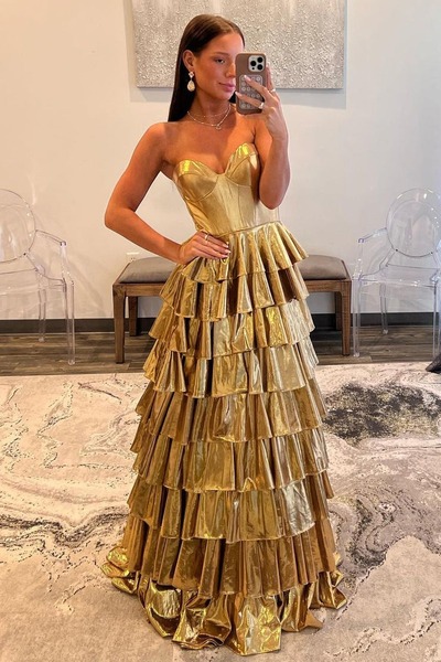 Unique Gold Strapless Ruffle Tiered Satin Long Prom Dress ,PD230845