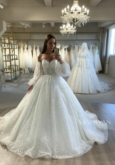 Luxury Ball Gown Sequins Lace Puffy Wedding Dress Bridal Gowns