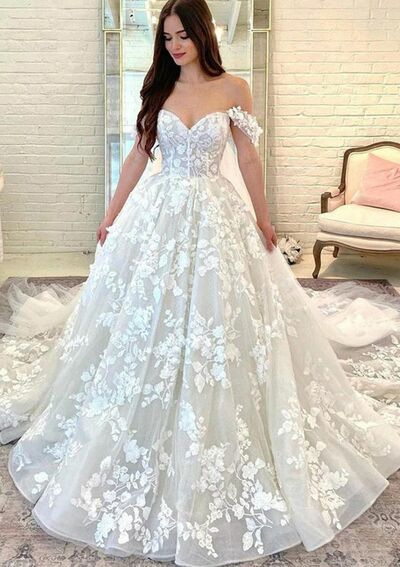 Luxury Ball Gown Lace Appliques Puffy Wedding Dress Bridal Gowns