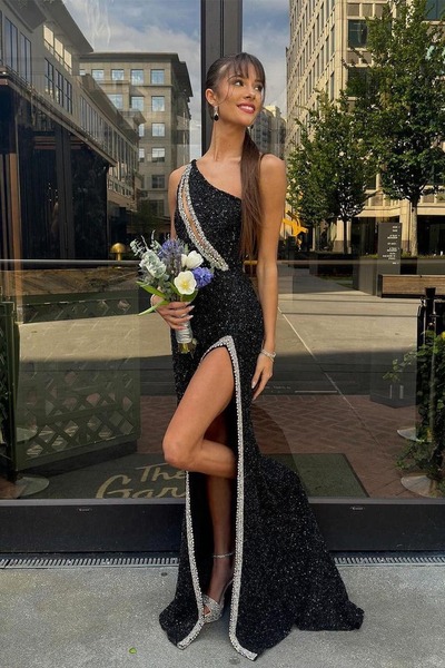 Charming One Shoulder Black Sequins Long Mermaid Prom Dresses with Beading,PD230855