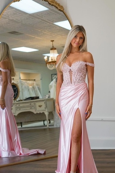 Charming Sweetheart Pink Satin Long Mermaid Prom Dresses with Slit,PD230856