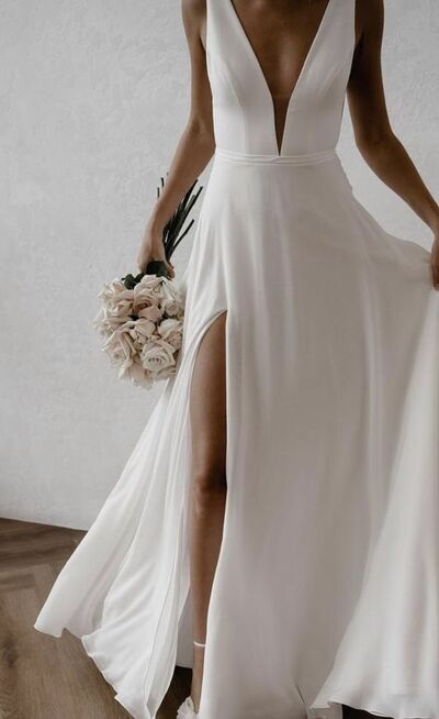 Elegant A Line Side Slit Beach Boho Wedding Dress Bridal Gowns