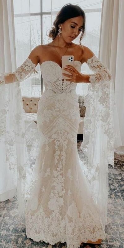Elegant Mermaid Lace Appliques Beach Boho Wedding Dress Bridal Gowns