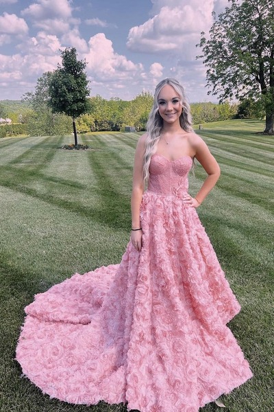 Princess Lace Ball Gown Sweetheart Pink 3D Flower Prom Dresses ,PD230859