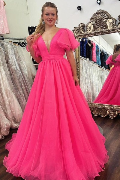 Cute V Neck Ball Gown Pink Tulle Long Prom Dresses with Ruffled Sleeves,PD230860