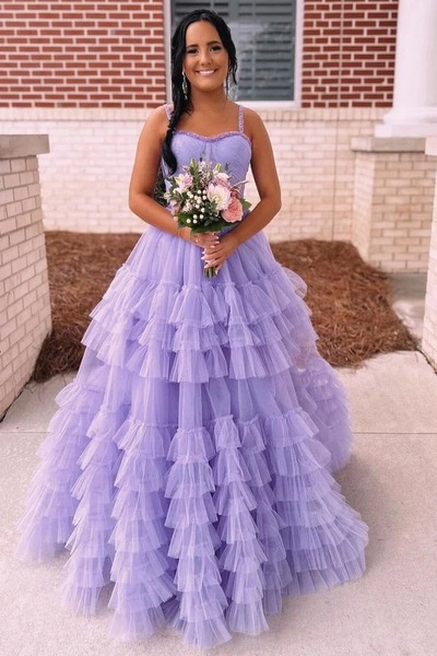 Cute Lavender Ball Gown Sweetheart Tulle Long Prom Dresses with Beading,PD230861