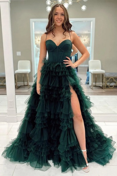 Cute Sweetheart Dark Green Ball Gown Tulle Long Prom Dresses with Slit,PD230862