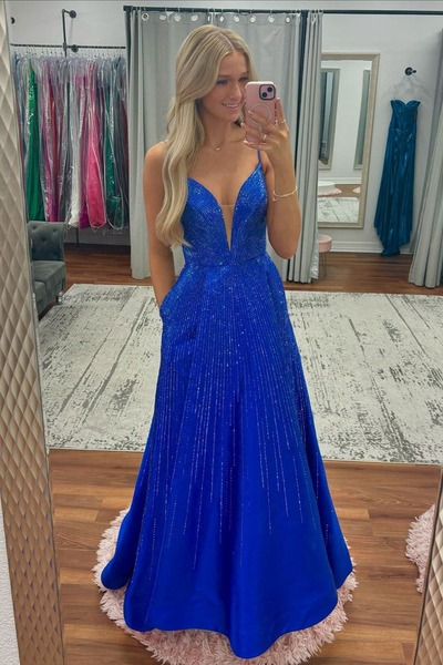 Cute V Neck Royal Blue Satin A Line Prom Dresses with Beadings ,PD230863
