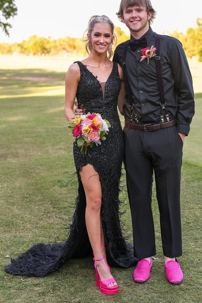 Sparkly V Neck Black Sequins Lace Mermaid Prom Dresses with Feather,PD230864