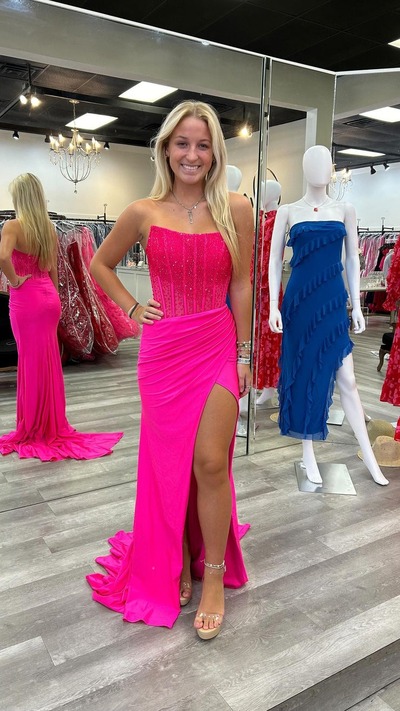Charming Scoop Neck Hot Pink Satin Long Mermaid Prom Dresses with Beading,PD230867