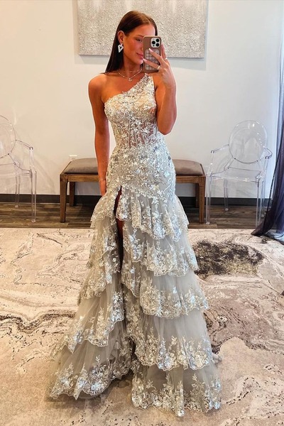 Sparkly One Shoulder Silver Sparkly Sequins Long Mermaid Prom Dresses with Slit ,PD230873