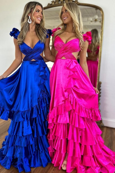 Fashion V Neck Fuchsia Satin A Line Long Prom Dresses with Slit ,PD230880