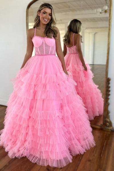 Cute Scoop Neck Pink Tiered Tulle A Line Long Prom Dresses with Beading,PD230881