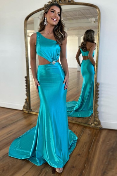 Charming One Shoulder Teal Satin Mermaid Prom Dresses,PD230886