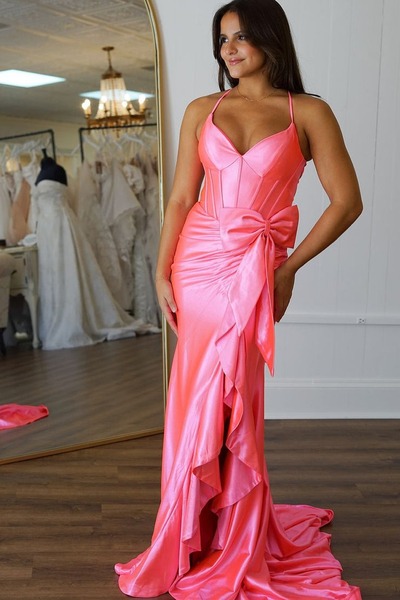 Cute V Neck Pink Satin Long Mermaid Prom Dresses with Bow,PD230888