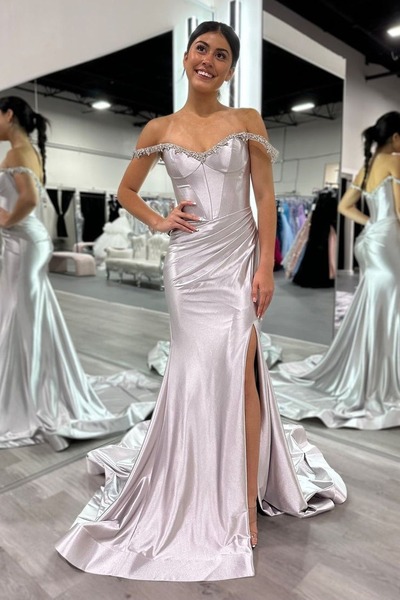 Charming Off the Shoulder Satin Long Mermaid Prom Dresses with Beading ,PD230890