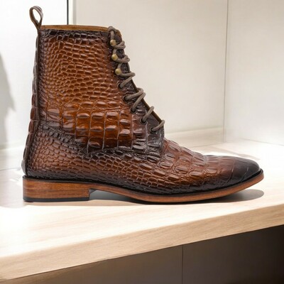 Men's Handmade Brown Crocodile Texture Leather Ankle Boot