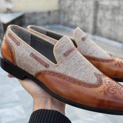 Crafted leather classic men brown tweed leather wingtip loafers moccasin dress shoes - Thumbnail 4